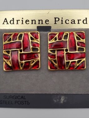 Vintage Red Enamel Gold-Tone Square Stud Earrings Art Deco Woven Design 80s